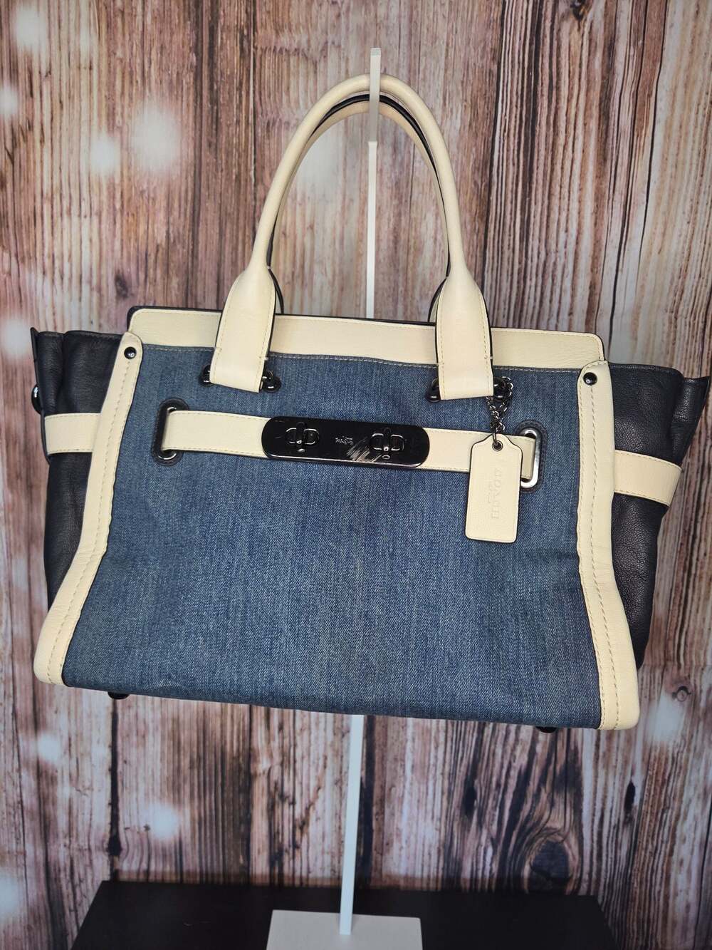 Coach Soft Swagger Carryall Satchel Bag in Denim and Chalk White Leather